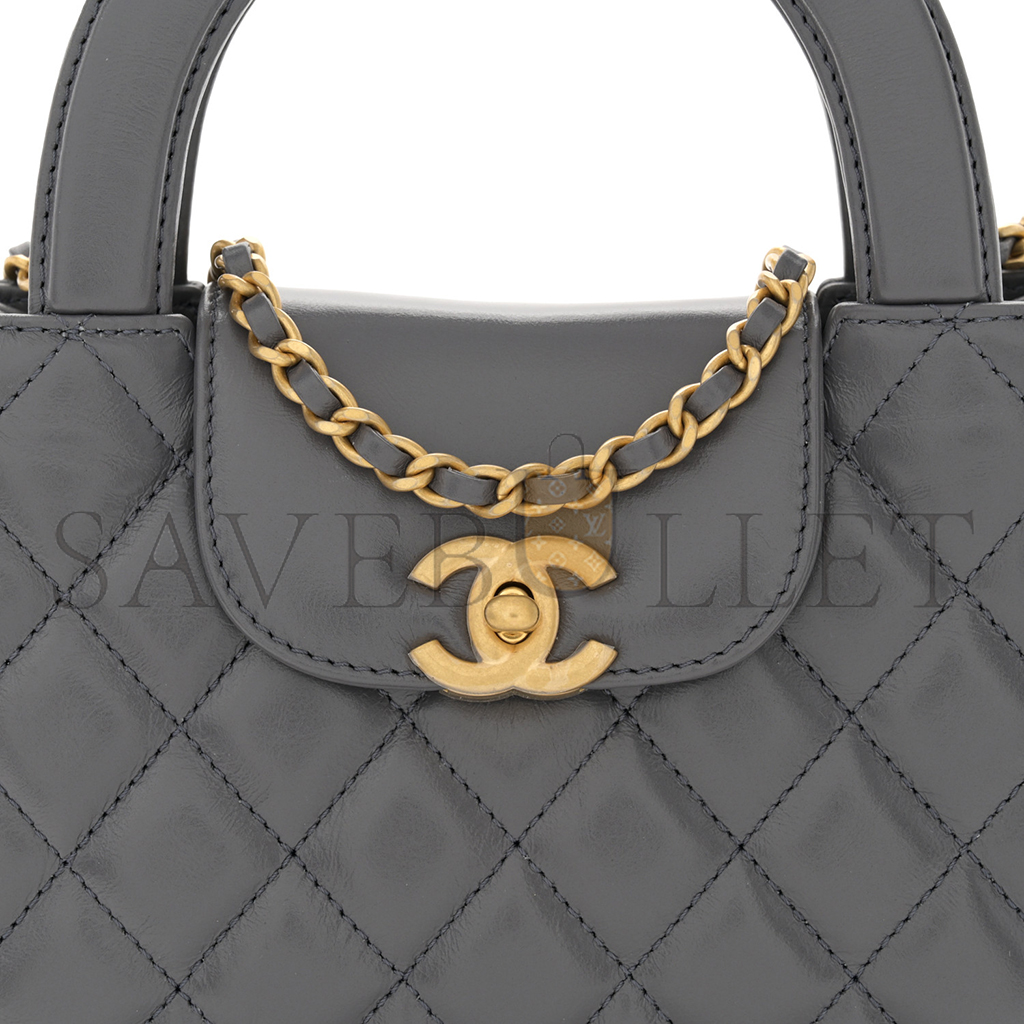 Ch*el master kelly bag quilted grey shiny calfskin aged gold hardware (19*13*7cm)